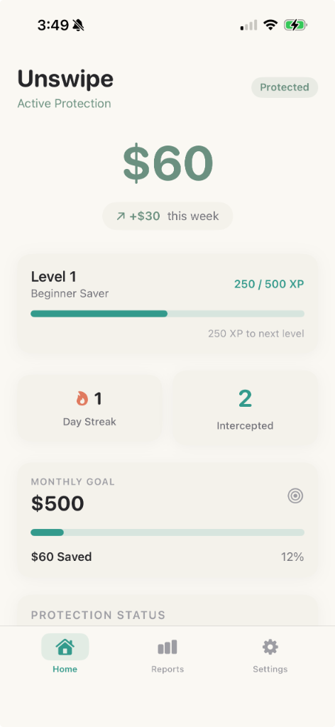 Unswipe app showing $60 saved this week